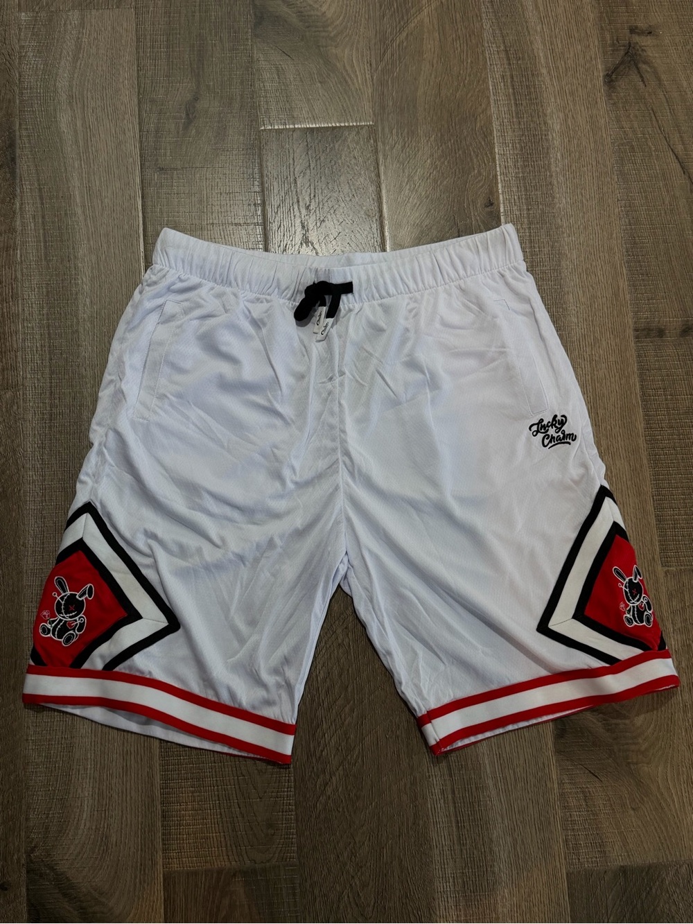 Lucky Charm White Athletic Shorts with Red & Black Trim